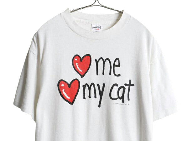 90s USA製 メッセージ イラスト プリント Tシャツ メンズ レディース L 古着 オールド アニマル ネコ シングルステッチ ヘビーウェイト 白