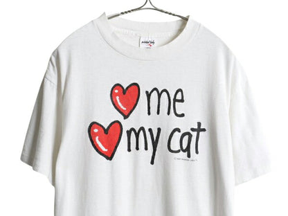 90s USA製 メッセージ イラスト プリント Tシャツ メンズ レディース L 古着 オールド アニマル ネコ シングルステッチ ヘビーウェイト 白