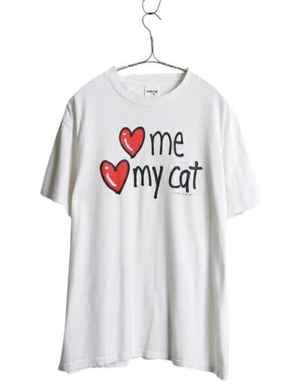 90s USA製 メッセージ イラスト プリント Tシャツ メンズ レディース L 古着 オールド アニマル ネコ シングルステッチ ヘビーウェイト 白