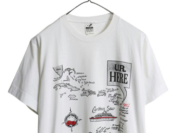 90s 地図 イラスト プリント Tシャツ メンズ レディース L / オールド カリブ リゾート グラフィック アート ヘビーウェイト カットソー 白