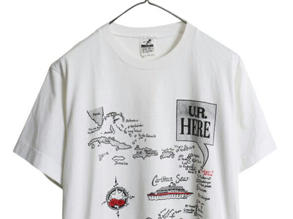 90s 地図 イラスト プリント Tシャツ メンズ レディース L / オールド カリブ リゾート グラフィック アート ヘビーウェイト カットソー 白