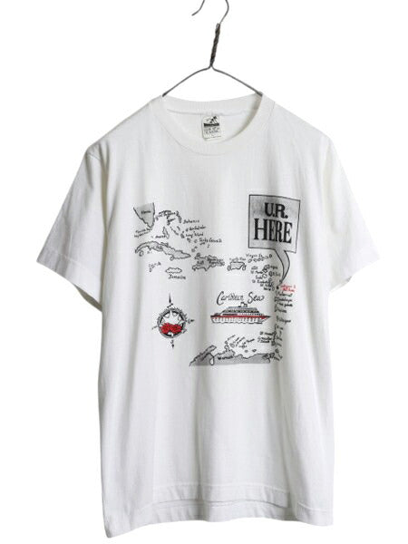 90s 地図 イラスト プリント Tシャツ メンズ レディース L / オールド カリブ リゾート グラフィック アート ヘビーウェイト カットソー 白