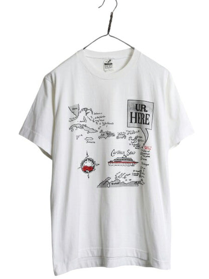 90s 地図 イラスト プリント Tシャツ メンズ レディース L / オールド カリブ リゾート グラフィック アート ヘビーウェイト カットソー 白