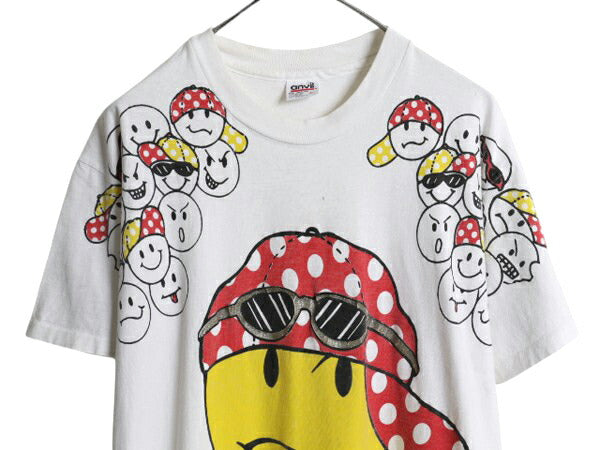 90s USA製 FREEZE スマイル イラスト プリント Tシャツ メンズ L 大判 ニコちゃん キャラクター グラフィック アート シングルステッチ 白