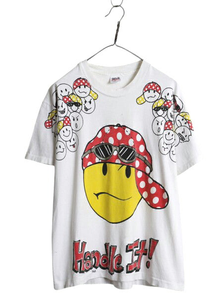 90s USA製 FREEZE スマイル イラスト プリント Tシャツ メンズ L 大判 ニコちゃん キャラクター グラフィック アート シングルステッチ 白