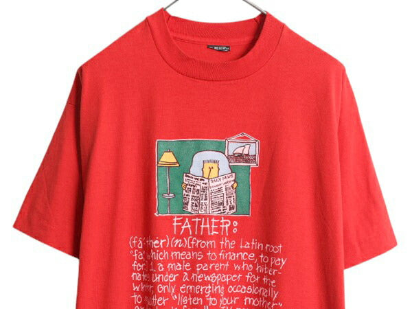 90s USA製 ジョーク キャラクター イラスト プリント Tシャツ メンズ XL 小さめ L オールド グラフィック メッセージ シングルステッチ 赤