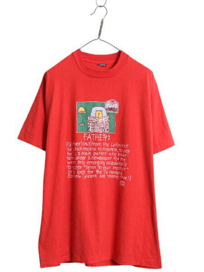 90s USA製 ジョーク キャラクター イラスト プリント Tシャツ メンズ XL 小さめ L オールド グラフィック メッセージ シングルステッチ 赤