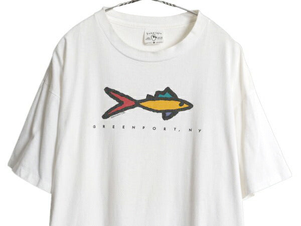 90s USA製 フィッシュ アート イラスト プリント Tシャツ メンズ XL / オールド グラフィック アニマル シングルステッチ 大きいサイズ 白