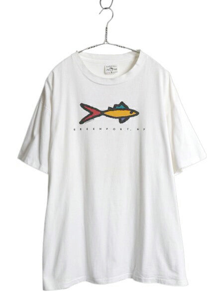 90s USA製 フィッシュ アート イラスト プリント Tシャツ メンズ XL / オールド グラフィック アニマル シングルステッチ 大きいサイズ 白