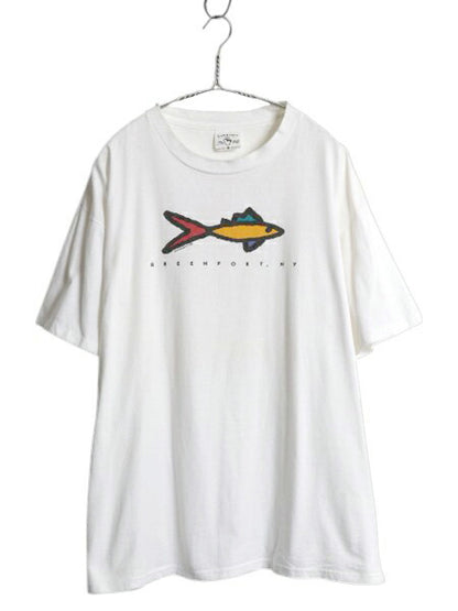 90s USA製 フィッシュ アート イラスト プリント Tシャツ メンズ XL / オールド グラフィック アニマル シングルステッチ 大きいサイズ 白