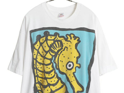 90s USA製 タツノオトシゴ アート イラスト 両面 プリント Tシャツ メンズ XL 古着 アニマル グラフィック シングルステッチ 大きいサイズ