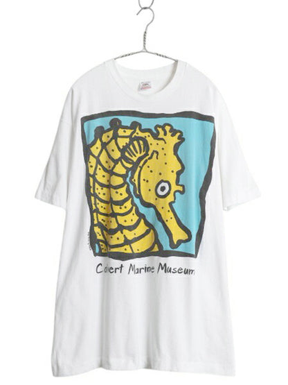 90s USA製 タツノオトシゴ アート イラスト 両面 プリント Tシャツ メンズ XL 古着 アニマル グラフィック シングルステッチ 大きいサイズ