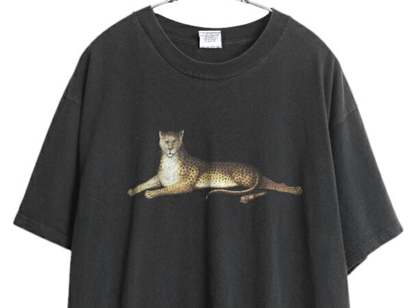 90s USA製 ヒョウ アート イラスト プリント Tシャツ メンズ XL / 古着 オールド アニマル グラフィック ヘビーウェイト 大きいサイズ 黒