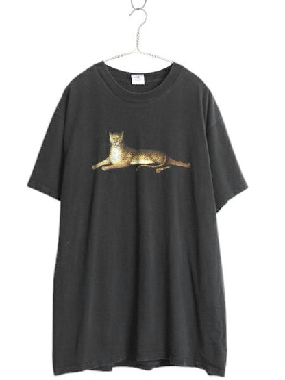 90s USA製 ヒョウ アート イラスト プリント Tシャツ メンズ XL / 古着 オールド アニマル グラフィック ヘビーウェイト 大きいサイズ 黒