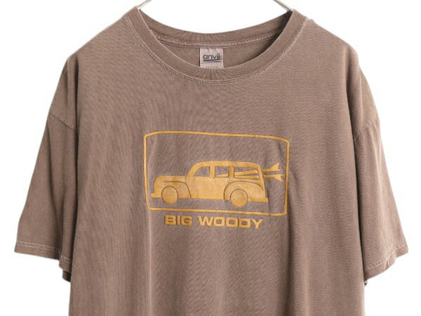 00s アメ車 イラスト プリント Tシャツ メンズ XL 古着 オールド ジョーク 旧車 サーフ 下ネタ エロ グラフィック 大きいサイズ 後染め 茶