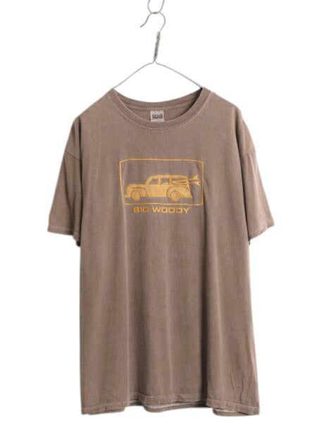 00s アメ車 イラスト プリント Tシャツ メンズ XL 古着 オールド ジョーク 旧車 サーフ 下ネタ エロ グラフィック 大きいサイズ 後染め 茶
