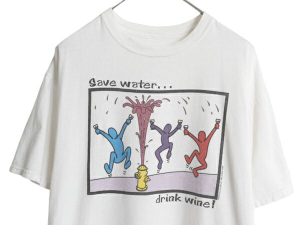 90s アート イラスト プリント Tシャツ メンズ XL オールド ジョーク メッセージ グラフィック キース ヘリング パロディ 大きいサイズ 白