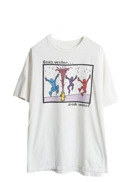 90s アート イラスト プリント Tシャツ メンズ XL オールド ジョーク メッセージ グラフィック キース ヘリング パロディ 大きいサイズ 白