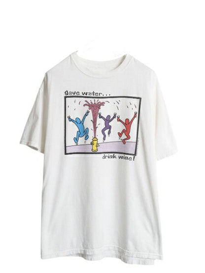 90s アート イラスト プリント Tシャツ メンズ XL オールド ジョーク メッセージ グラフィック キース ヘリング パロディ 大きいサイズ 白