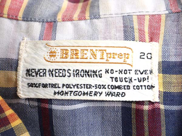 60s 70s ビンテージ ■ BRENT チェック 半袖 ボタンダウン シャツ ( キッズ 20 メンズ S 程) 古着 ブレント ポケット付き 半袖シャツ 薄手