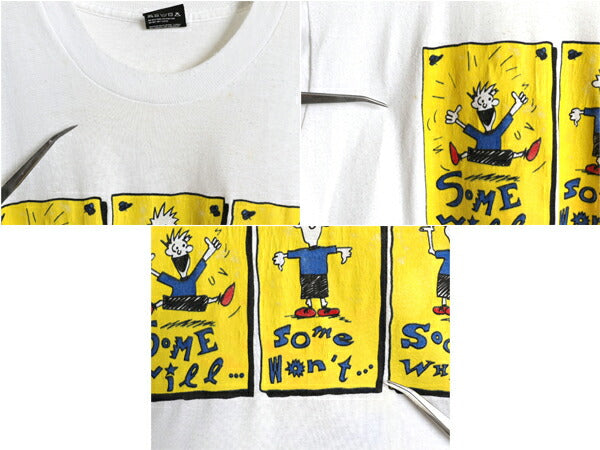 90s USA製 ジョーク キャラクター イラスト プリント Tシャツ XL 古着 オールド メッセージ コミック グラフィック 大きいサイズ 当時物 白