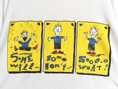 90s USA製 ジョーク キャラクター イラスト プリント Tシャツ XL 古着 オールド メッセージ コミック グラフィック 大きいサイズ 当時物 白