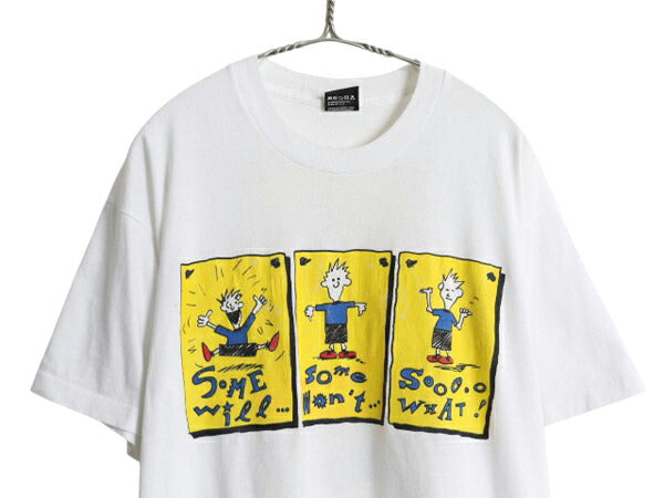 90s USA製 ジョーク キャラクター イラスト プリント Tシャツ XL 古着 オールド メッセージ コミック グラフィック 大きいサイズ 当時物 白