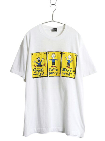 90s USA製 ジョーク キャラクター イラスト プリント Tシャツ XL 古着 オールド メッセージ コミック グラフィック 大きいサイズ 当時物 白