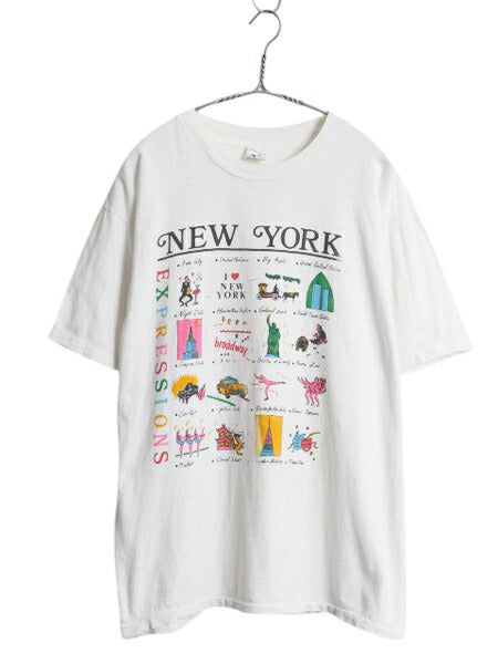 90s ニューヨーク アート イラスト プリント Tシャツ メンズ L 当時物 オールド グラフィック シングルステッチ カットソー スーベニア 白