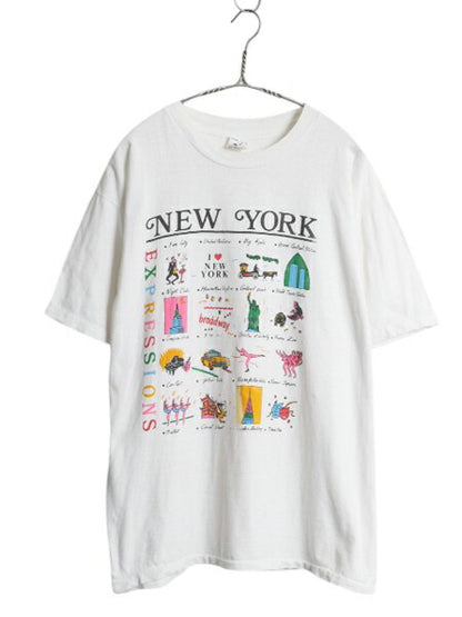 90s ニューヨーク アート イラスト プリント Tシャツ メンズ L 当時物 オールド グラフィック シングルステッチ カットソー スーベニア 白