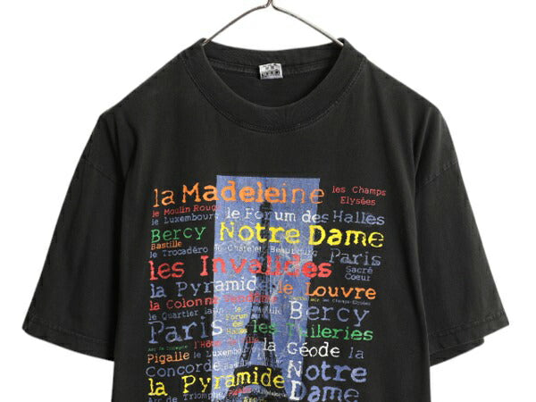 90s パリ エッフェル塔 アート イラスト プリント Tシャツ メンズ L / 古着 オールド グラフィック ヘビーウェイト スーベニア 黒 当時物