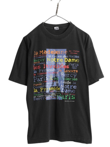 90s パリ エッフェル塔 アート イラスト プリント Tシャツ メンズ L / 古着 オールド グラフィック ヘビーウェイト スーベニア 黒 当時物
