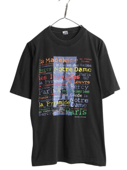 90s パリ エッフェル塔 アート イラスト プリント Tシャツ メンズ L / 古着 オールド グラフィック ヘビーウェイト スーベニア 黒 当時物