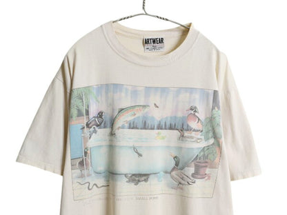 90s USA製 アニマル アート イラスト プリント Tシャツ メンズ L / オールド グラフィック アウトドア サファリ ヘビーウェイト ナチュラル