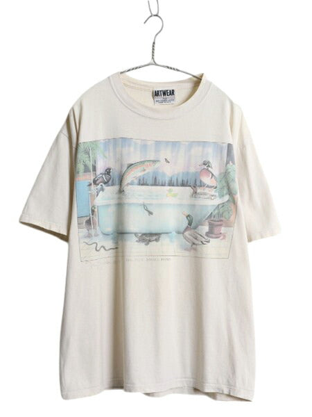 90s USA製 アニマル アート イラスト プリント Tシャツ メンズ L / オールド グラフィック アウトドア サファリ ヘビーウェイト ナチュラル