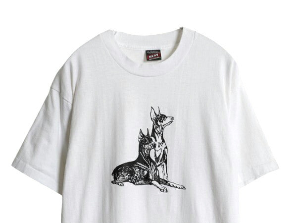 90s ドッグ アート イラスト プリント Tシャツ メンズ レディース L 古着 アニマル 犬 グラフィック シングルステッチ カットソー ホワイト