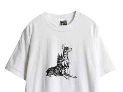 90s ドッグ アート イラスト プリント Tシャツ メンズ レディース L 古着 アニマル 犬 グラフィック シングルステッチ カットソー ホワイト
