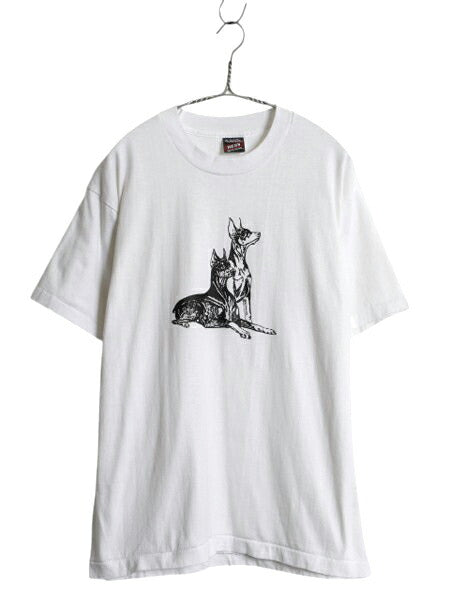 90s ドッグ アート イラスト プリント Tシャツ メンズ レディース L 古着 アニマル 犬 グラフィック シングルステッチ カットソー ホワイト