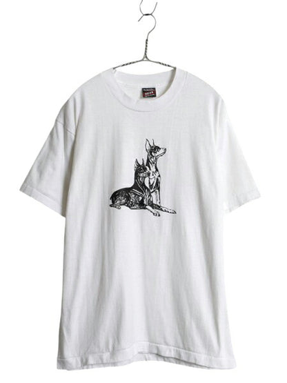 90s ドッグ アート イラスト プリント Tシャツ メンズ レディース L 古着 アニマル 犬 グラフィック シングルステッチ カットソー ホワイト