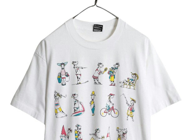 90s USA製 ウシ アート イラスト プリント Tシャツ メンズ レディース L オールド アニマル グラフィック シングルステッチ カットソー 白