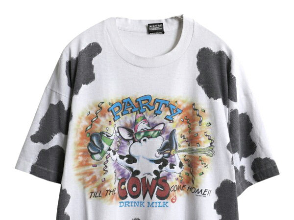 90s USA製 ウシ ジョーク イラスト オールオーバー プリント Tシャツ メンズ XL / 古着 オールド アニマル キャラクター グラフィック 総柄