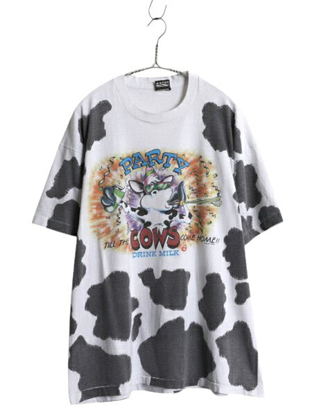 90s USA製 ウシ ジョーク イラスト オールオーバー プリント Tシャツ メンズ XL / 古着 オールド アニマル キャラクター グラフィック 総柄