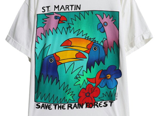 90s オウム アート イラスト プリント Tシャツ メンズ L 古着 オールド 当時物 アニマル グラフィック ヘビーウェイト シングルステッチ 白