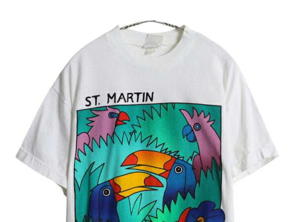 90s オウム アート イラスト プリント Tシャツ メンズ L 古着 オールド 当時物 アニマル グラフィック ヘビーウェイト シングルステッチ 白
