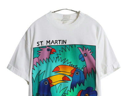 90s オウム アート イラスト プリント Tシャツ メンズ L 古着 オールド 当時物 アニマル グラフィック ヘビーウェイト シングルステッチ 白