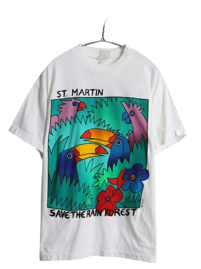 90s オウム アート イラスト プリント Tシャツ メンズ L 古着 オールド 当時物 アニマル グラフィック ヘビーウェイト シングルステッチ 白