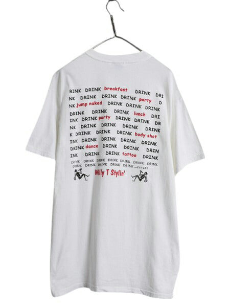 00s ジョーク イラスト 両面 プリント Tシャツ メンズ L 古着 オールド グラフィック アート スカル ボーン メッセージ ヘビーウェイト 白