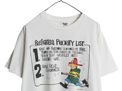 90s USA製 ジョーク ファイヤーマン キャラクター イラスト プリント Tシャツ メンズ L / 古着 オールド グラフィック シングルステッチ 白