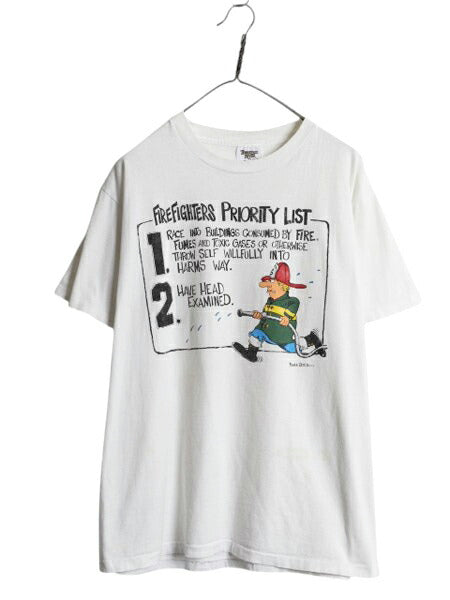 90s USA製 ジョーク ファイヤーマン キャラクター イラスト プリント Tシャツ メンズ L / 古着 オールド グラフィック シングルステッチ 白