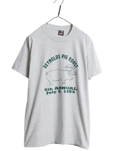 90s USA製 ブタ ジョーク イラスト プリント Tシャツ メンズ L 古着 オールド グラフィック アニマル シングルステッチ カットソー グレー